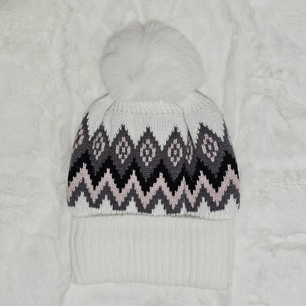 Hat Attack Hat Beanie Fair Isle Knit Faux Fur Pompom Cottagcore Outdoor Winter